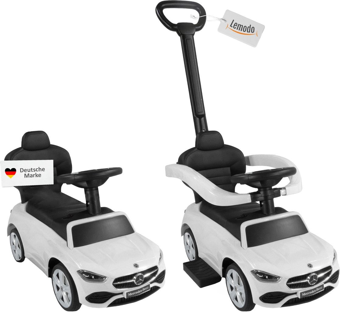 Rutscherauto Mercedes C Klasse weiß mit Schiebestange, Kinderfahrzeug mit Sound Lenkrad