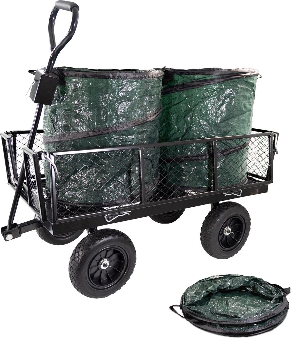 Gartenwagen Metall mit 2 Laubsäcken, 300 kg belastbar, Gartenarbeit