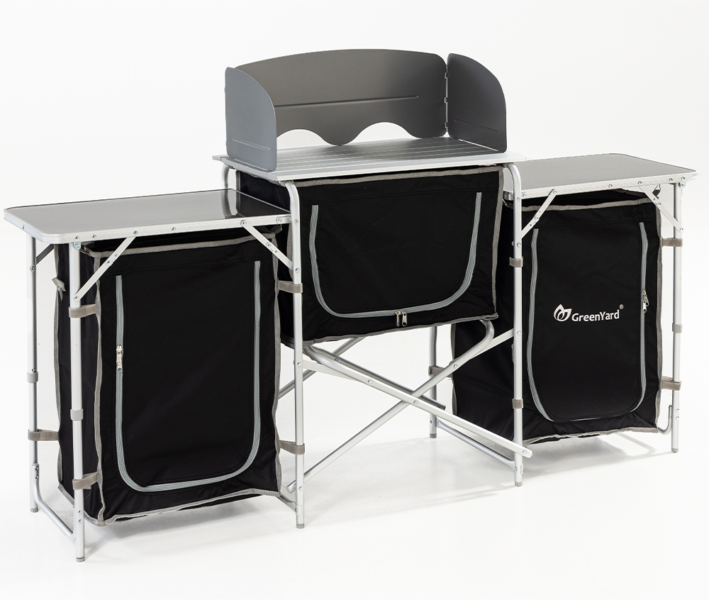 Campingküche XL Windschutz und rollbarer Arbeitsplatte, ca. 173 x 41 x 80 cm - Schwarz