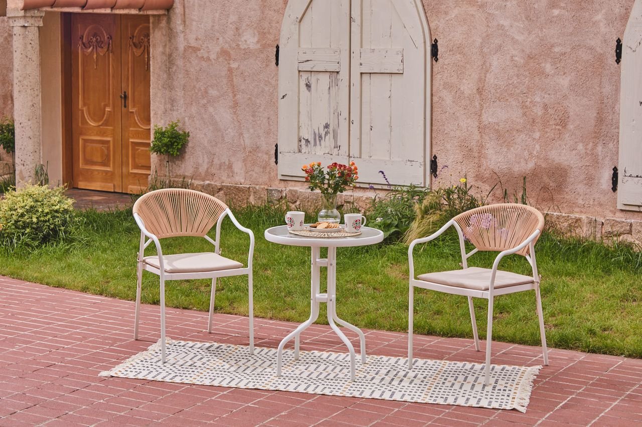 3tlg. Bistro Set HGE51-BEI helles Rattan mit Sitzkissen in Beige