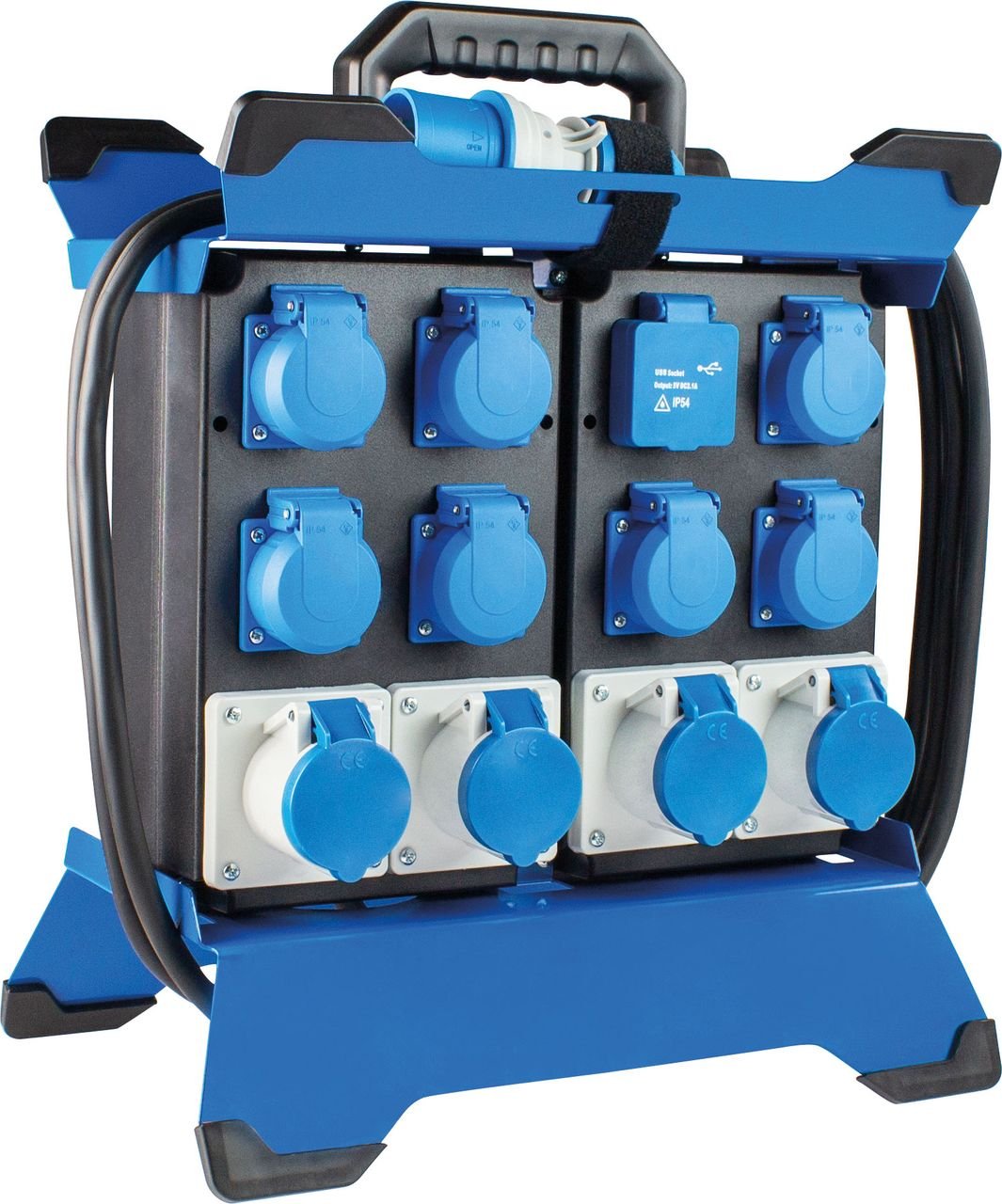 Camping Stromverteiler mit CEE Stecker, 7x Schuko, 4x CEE Steckdosen, 2x USB spritzwassergeschützt