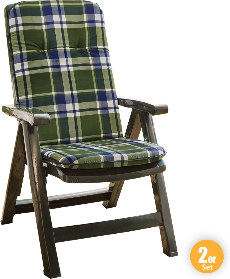 Solax-Sunshine Hochlehner-Polsterauflage, je ca. 116 x 50 x 5 cm - Karo Grün, 2er-Set