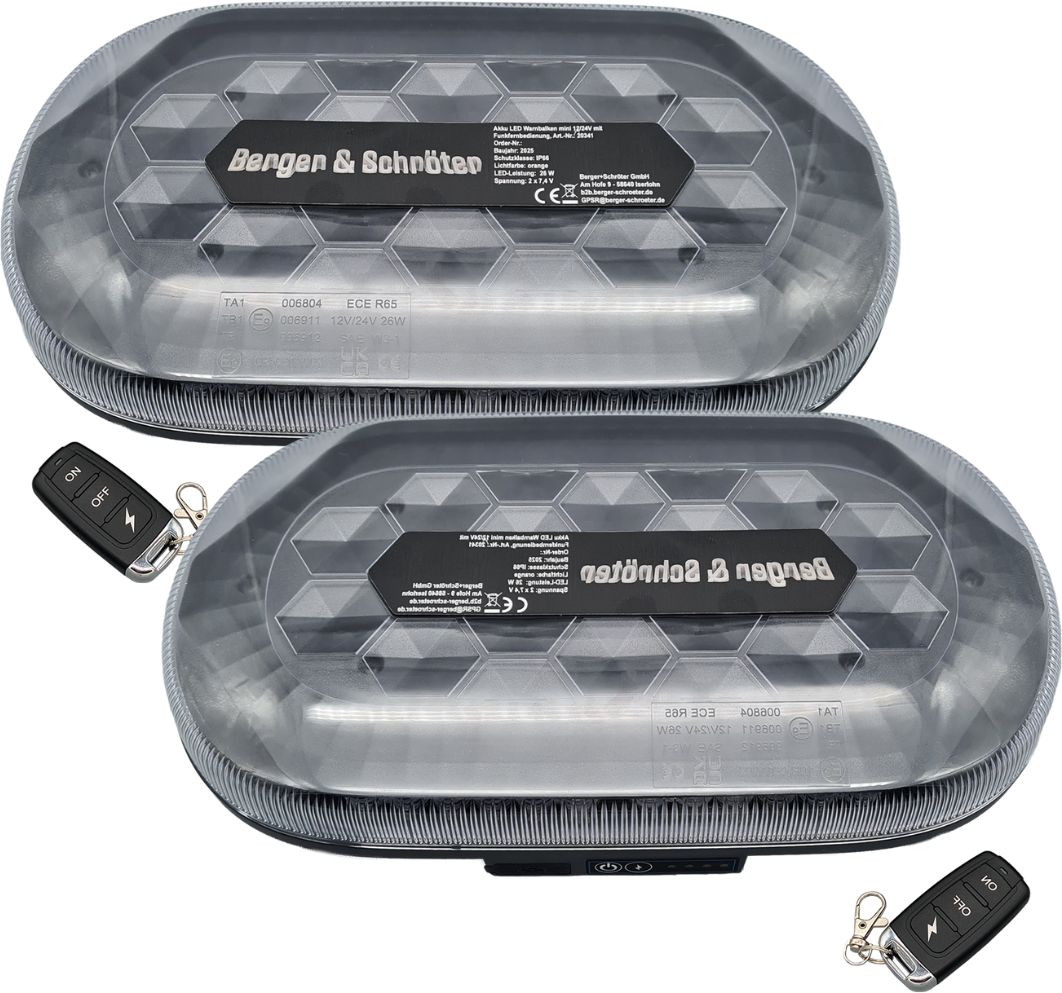 Berger & Schröter | 2er Set Akku LED Mini Warnbalken magnetisch, 12/24 V Warnlicht, Fernsteuerung