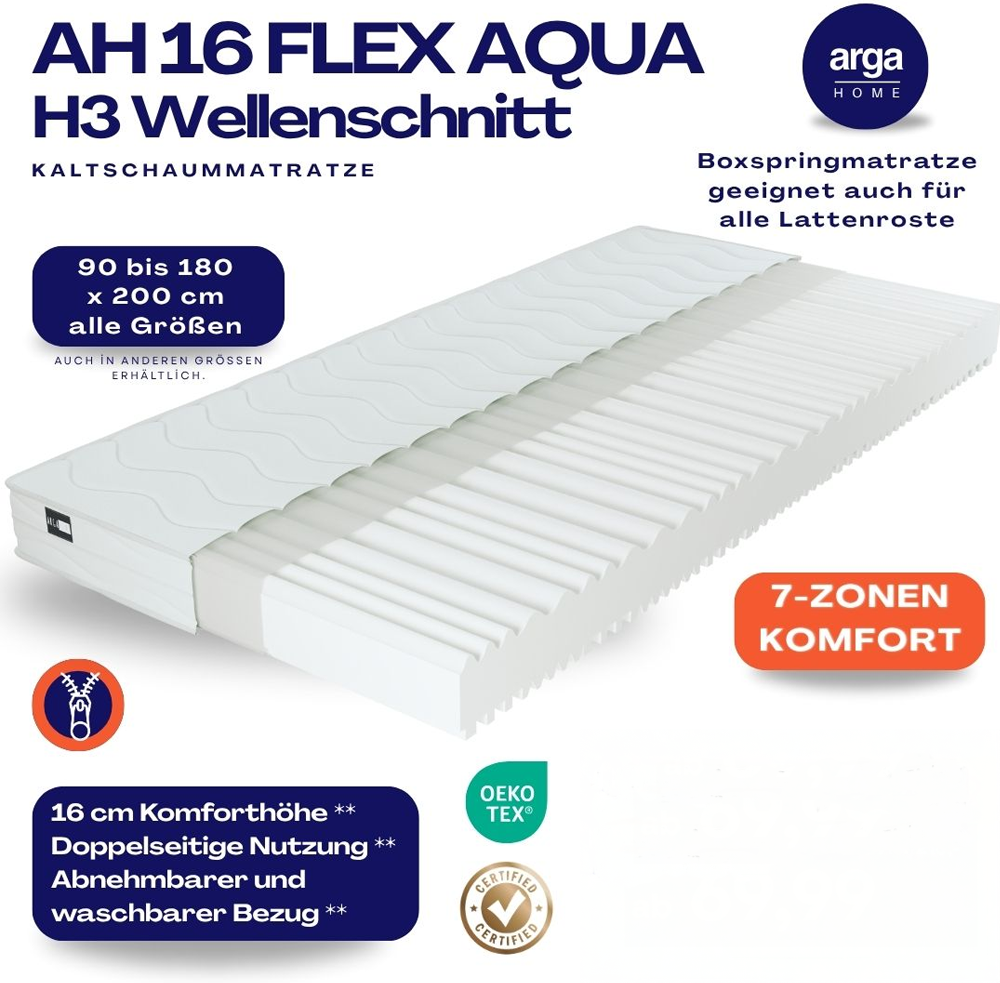 AH16 FlexAqua Kaltschaummatratze H3, 7-Zonen Wellenschnitt – 16 cm Höhe