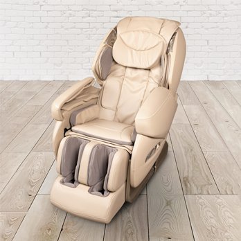 Massage-Sessel Sprachsteuerung, Bluetooth, USB, beiges PU-Leder, Heizfunktion