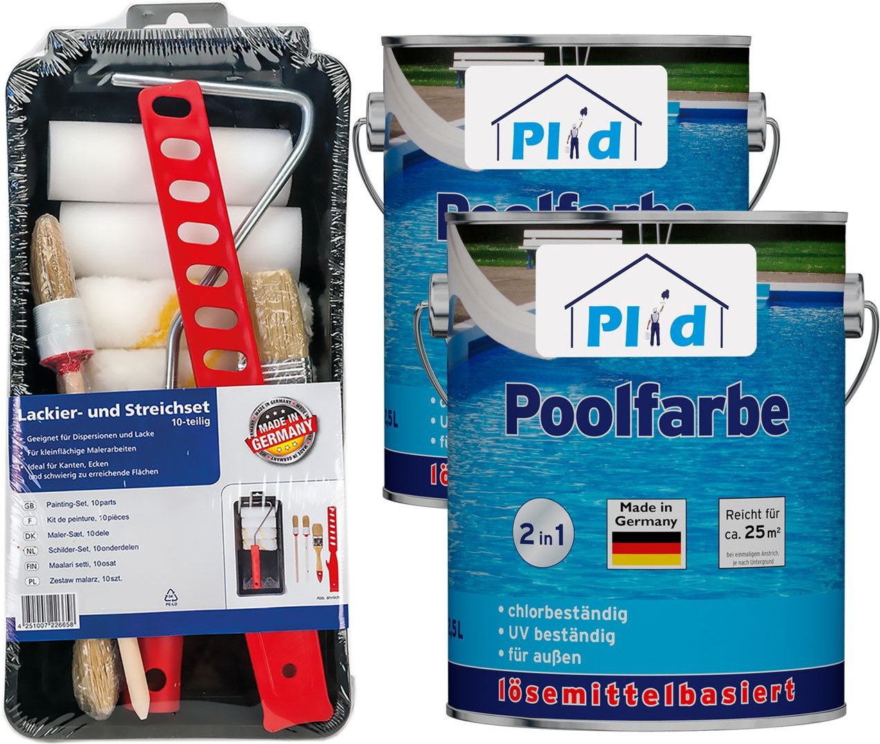 Poolfarbe, Poolblau Set 5l für ca. 50m², Schwimmbeckenfarbe Unterwasserfarbe- Anstreichset