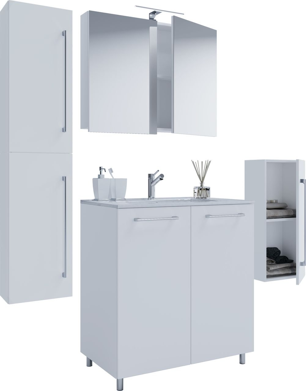 5-tlg. Stand-Waschplatz "Badinos 2 Drehtüren" 80 cm | Mit Spiegelschrank + Midi-/Hochschrank Weiß