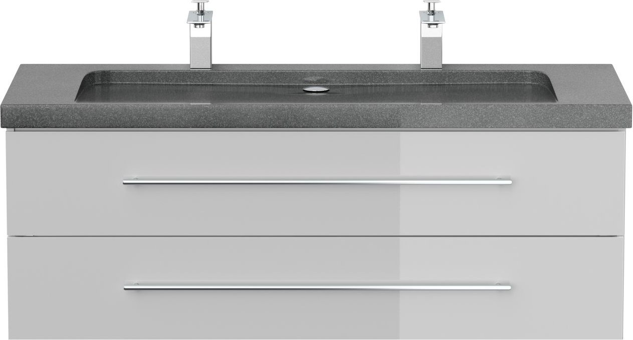 Badmöbel Granit G654 YAMO 130 cm 2 Hahnlöcher SoftClose weiß hochglanz