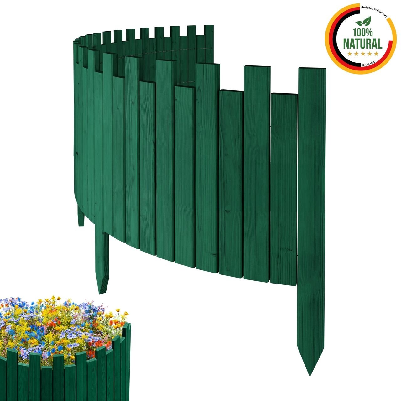 Beeteinfassung 200 x 40 cm Grün Holz Rollzaun Holzzaun Rasenkante Palisade Beetumrandung