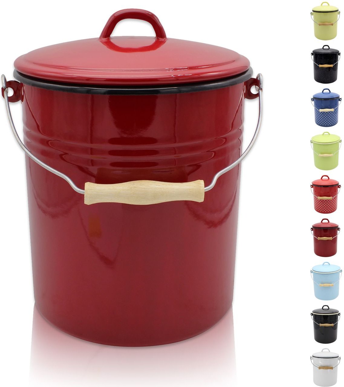 Emaillierter Mülleimer mit Deckel rot, 10 Liter