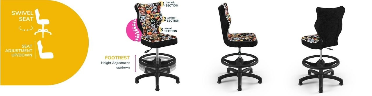 Ergonomischer Schreibtischstuhl Kinder an die Körpergröße 119–142 cm Schwarz Tiermotiv Petit