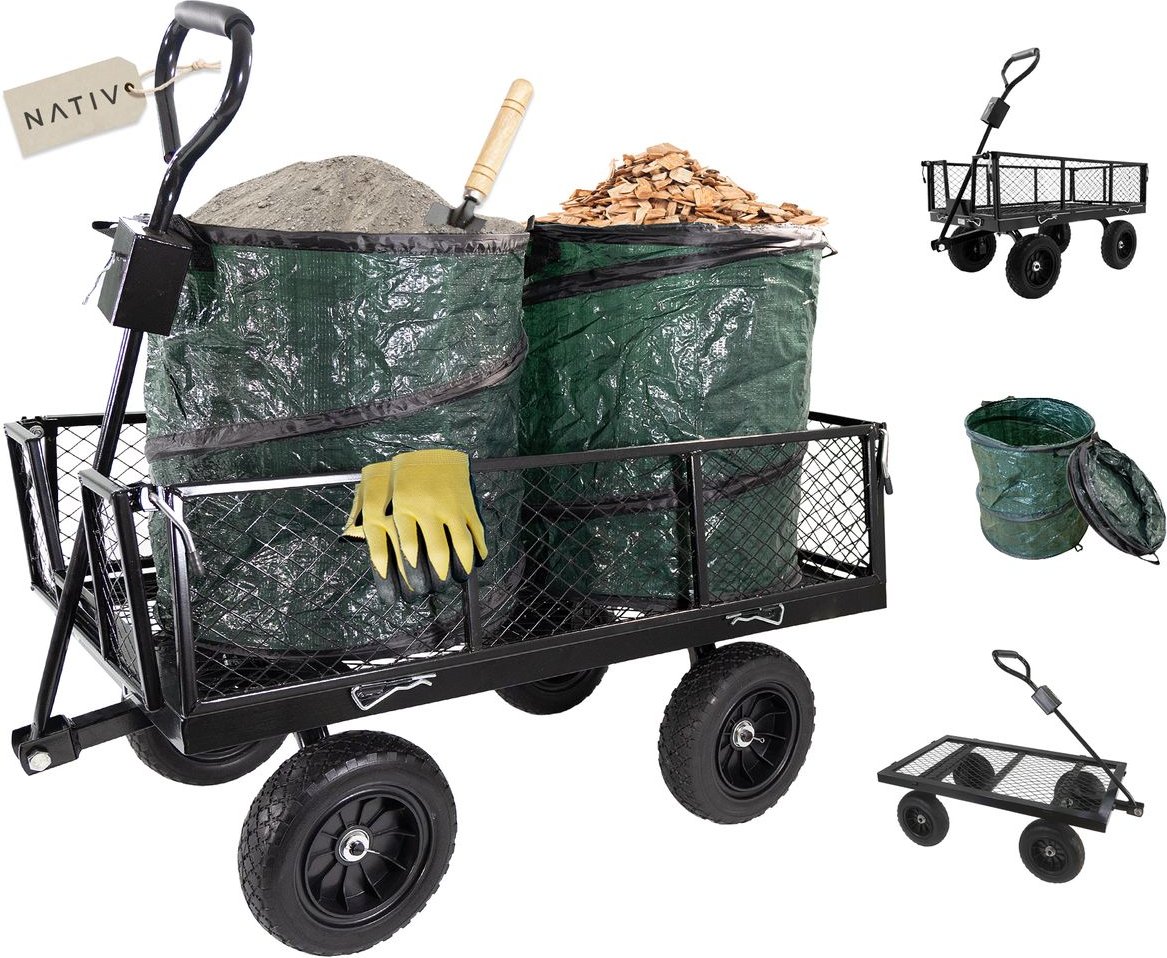 Gartenwagen Metall mit 2 Laubsäcken, 300 kg belastbar, Gartenarbeit