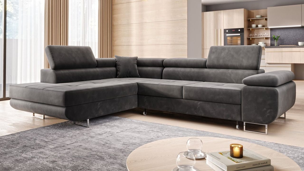 Ecksofa Monaco Samt Grau mit Bettkasten Kopfteilverstellung Ottomane links, verstellbar