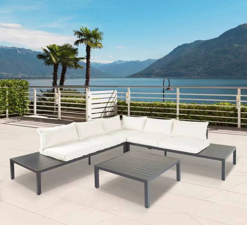 Aluminium Eckloungeset 14 tlg. mit Tischablage & Polsterkissen schwarz / creme