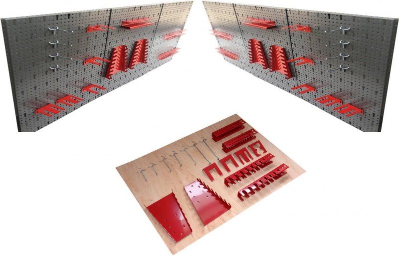 Werkzeugwandset 2: 2 x KREHER Werkzeugwand mit 14 tlg. Hakenset + 1 x 22 tlg. Werkzeughaltersortiment