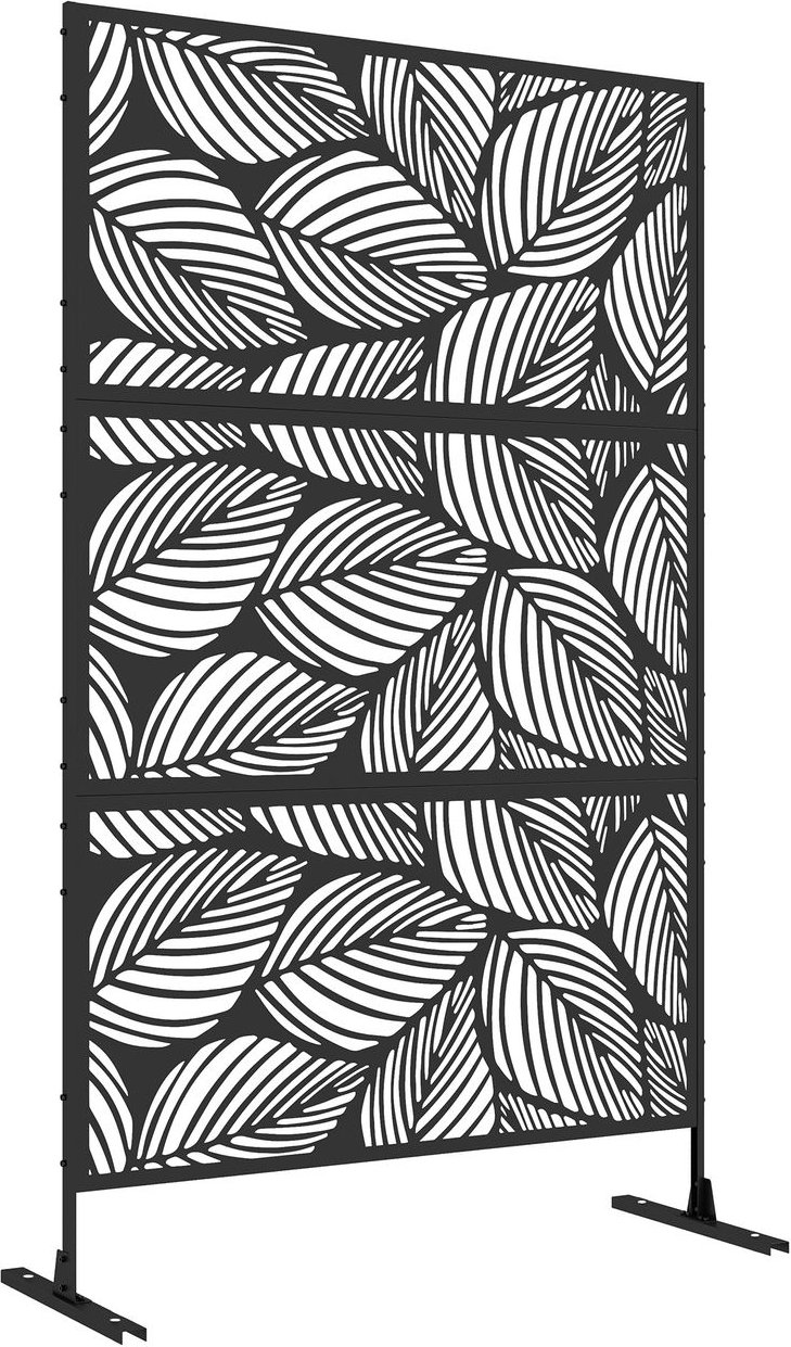 Balkon Sichtschutz, 122 x 198 cm Raumtrenner mit Blättermuster, Ständer Schwarz