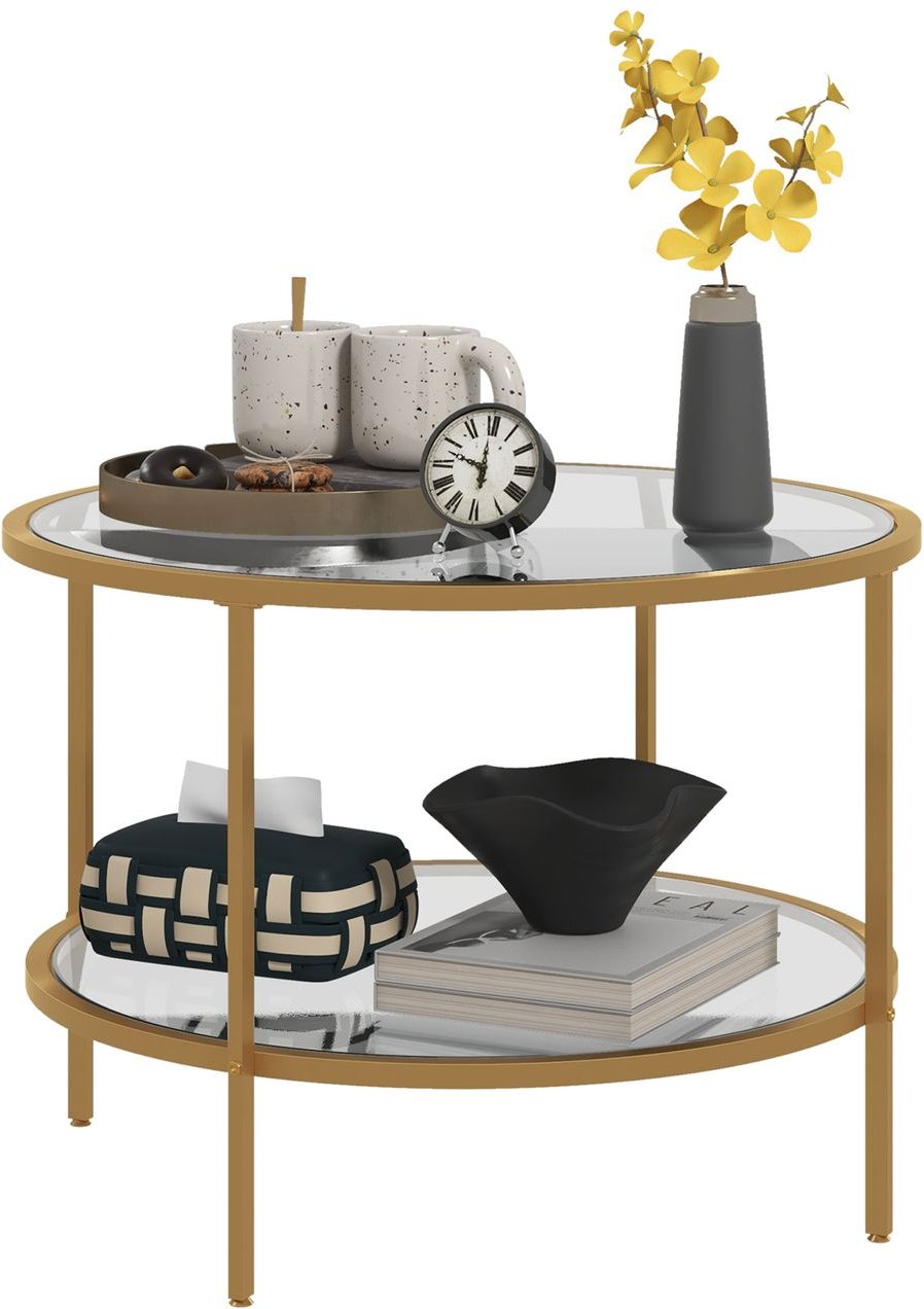 Beistelltisch Rund Couchtisch mit Ablage, Stahlrahmen, Kaffeetisch Gold