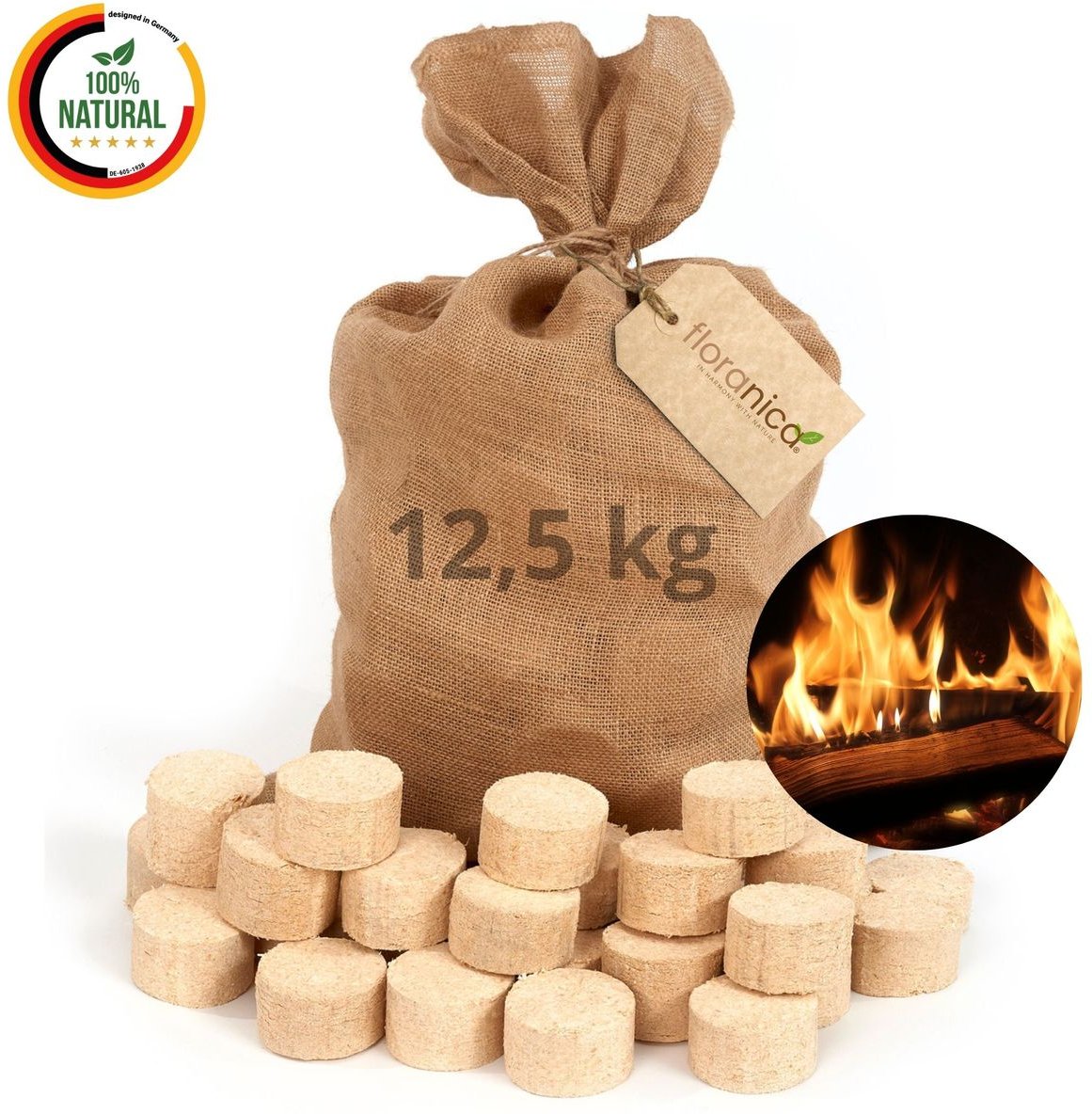 Holzbriketts 100% Gepresste Rundholzbriketts 12,5kg im Jutesack Brikett Hohe Brennwert Raucharm