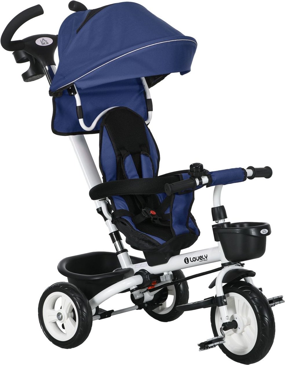 6 in 1 Dreirad mit Schubstange, Kinderdreirad mit Sicherheitsgurt Blau