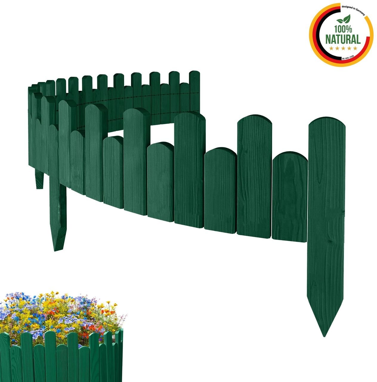 Beeteinfassung Rasenkante 200cm Flexibler Gartenzaun Rollzaun Palisade Höhe 15 cm, Grün