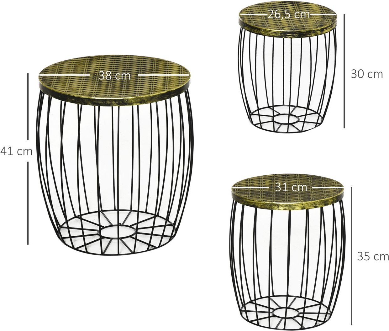 3er-Set Couchtische Satztisch Gartenmöbel Metall Natur+Schwarz 3 Größen