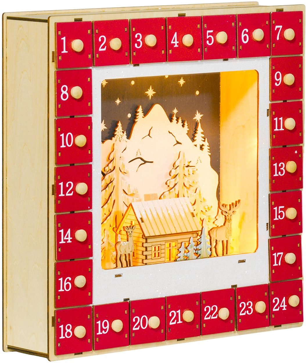 HOMCOM Adventskalender Weihnachtsdekoration 24 Schubladen LED-Lichtern MDF