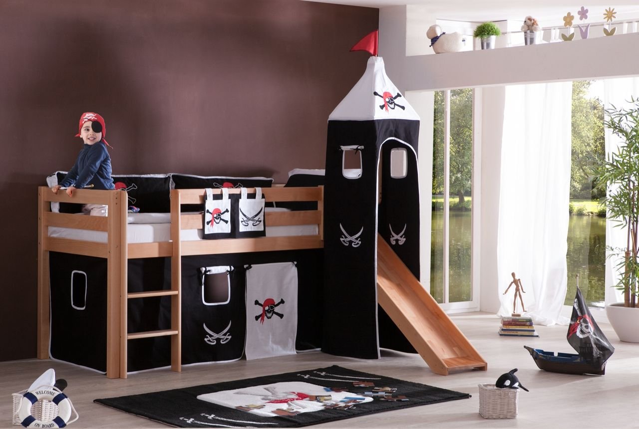 Halbhohes Spielbett ALEX mit Rutsche/Turm Buche massiv natur lackiert mit Stoffset Pirat