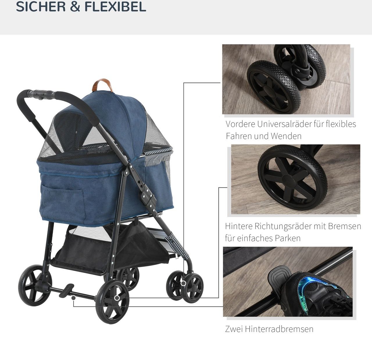 2-in-1 Hundebuggy Transporttasche Katzenbuggy mit Universal Rad abnehmbar Abdeckung Oxford Dunkelblau+Schwarz 76 x 51 x ...