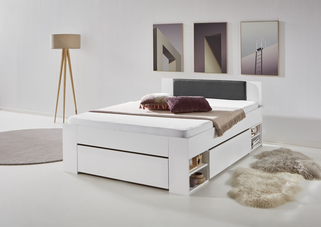 Stauraumbett 140x200cm, 3 Schubladen, 2 Nako, Kopfteil m. Kunstleder schwarz, weiß
