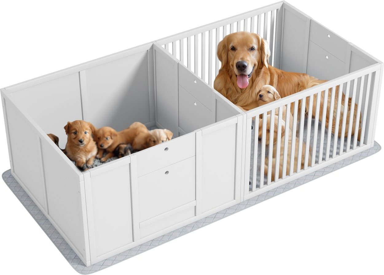 Wurfkiste für Welpen, Welpenauslauf mit Wasserdichtem Pinkelkissen, Weiß