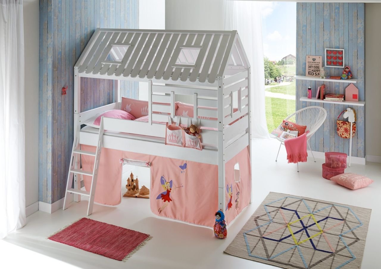 Spielbett Tom´s Hütte und Bett Kim Buche massiv weiß lackiert. Textilset Princess