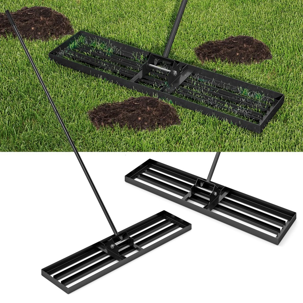 COSTWAY Rasen Nivellierrechen Metall, Rasenrechen mit ergonomischem Griff, 106cmx25cm