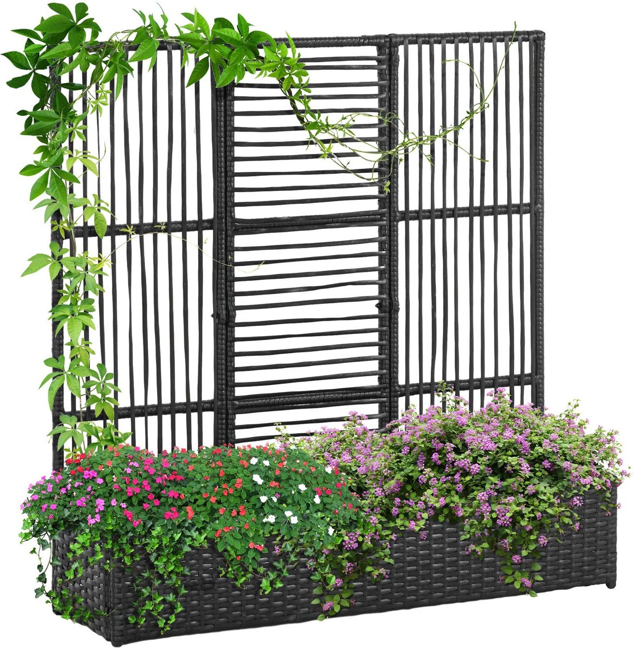 Polyrattan Hochbeet mit Rankgitter, Blumenkasten für Garten Schwarz