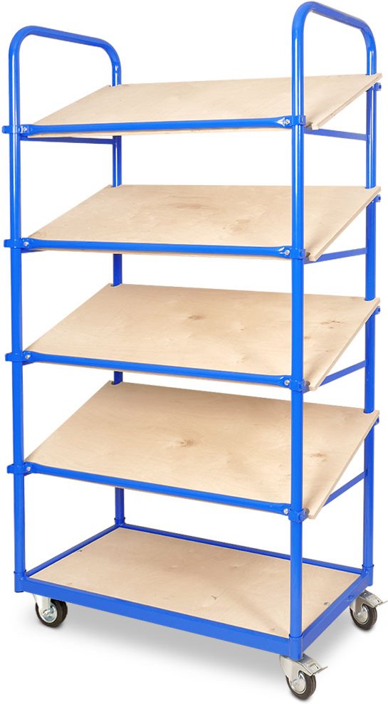 Schrägbodenregal-Wagen für Behälter und Kisten, LxBxH 1050x500x1880 mm, 2 Bockrollen sowie 2 Lenkrollen mit Feststellbre...