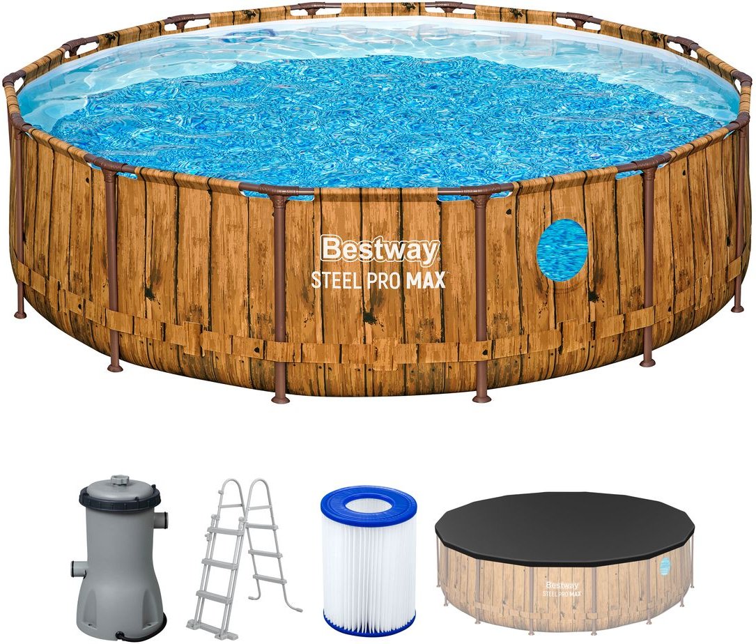 Steel Pro MAX™ Splashview™ Frame Pool Komplett-Set + Filterpumpe 427x107cm, Holz-Optik rund