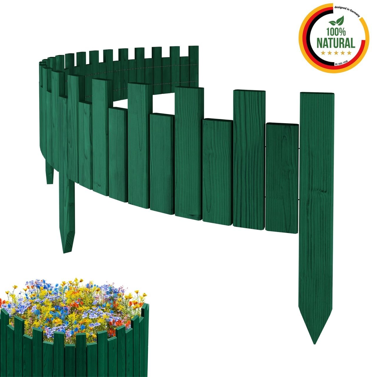 Beeteinfassung 200 x 20 cm Grün Holz Rollzaun Holzzaun Rasenkante Palisade Beetumrandung