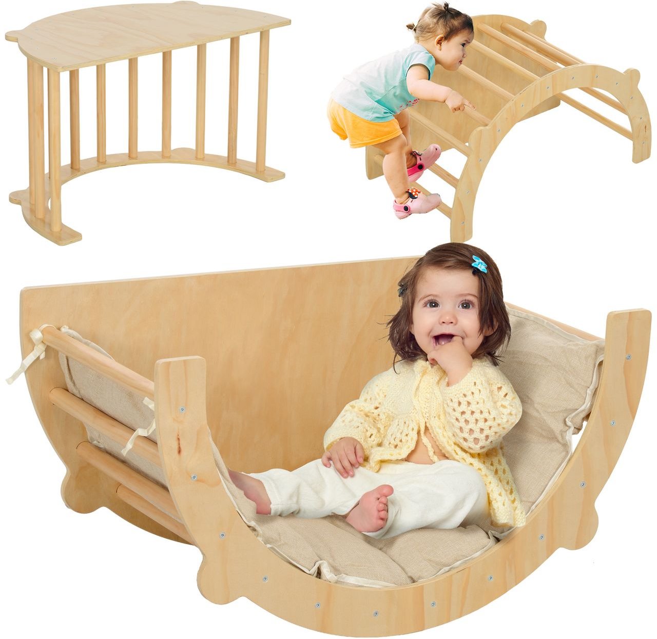 AIYAPLAY 2 in 1 Klettergerüst Set, Kletterbogen aus Holz Indoor Naturholz