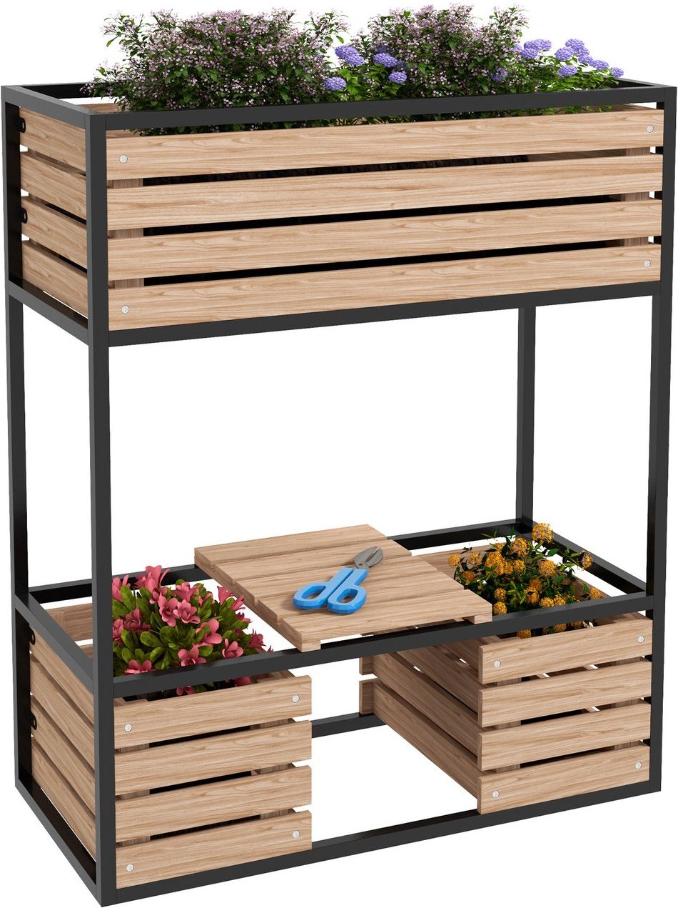 Outsunny Hochbeet aus Holz, 2-Stufiger Blumenkasten mit Ablage, Innenvlies