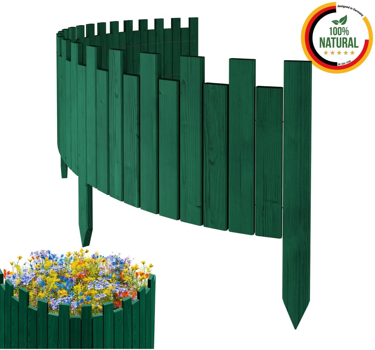 Beeteinfassung 200 x 30 cm Grün Holz Rollzaun Holzzaun Rasenkante Palisade Beetumrandung