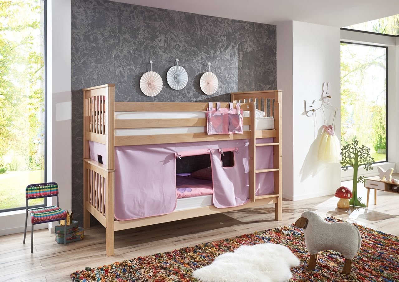 Etagenbett Kick Buche massiv natur lackiert mit Textilset aus Vorhang und Tasche - purple/rosa