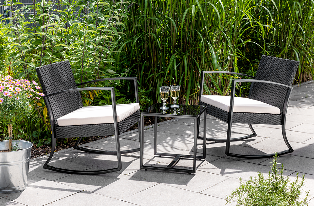3 tlg. Rattan Schaukelstuhl Set Balkonset schwarz