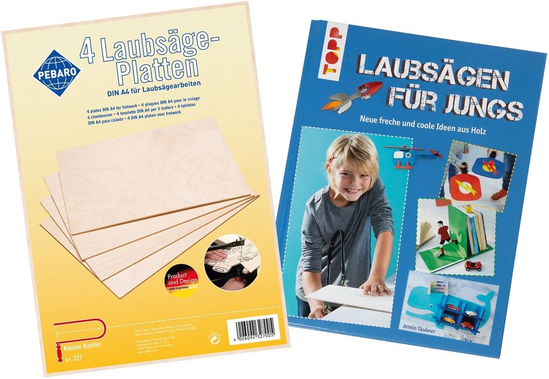 4 Laubsägeplatten aus Birkenholz mit Laubsägebuch