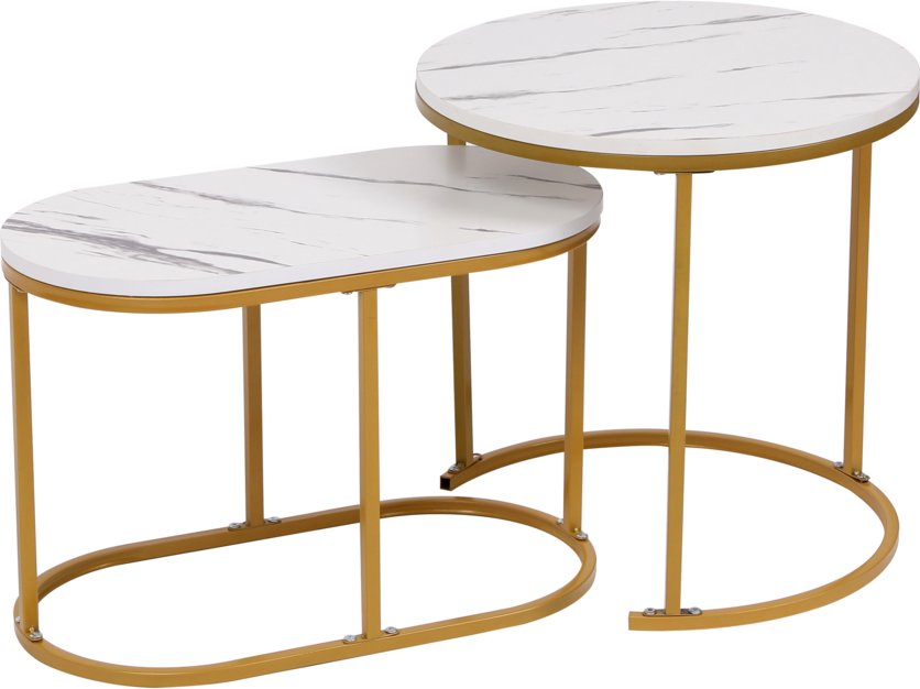 Satztisch Couchtisch Beistelltisch 2tlg. HWT52-WEI Marmor Weiß Dekor Gestell Gold