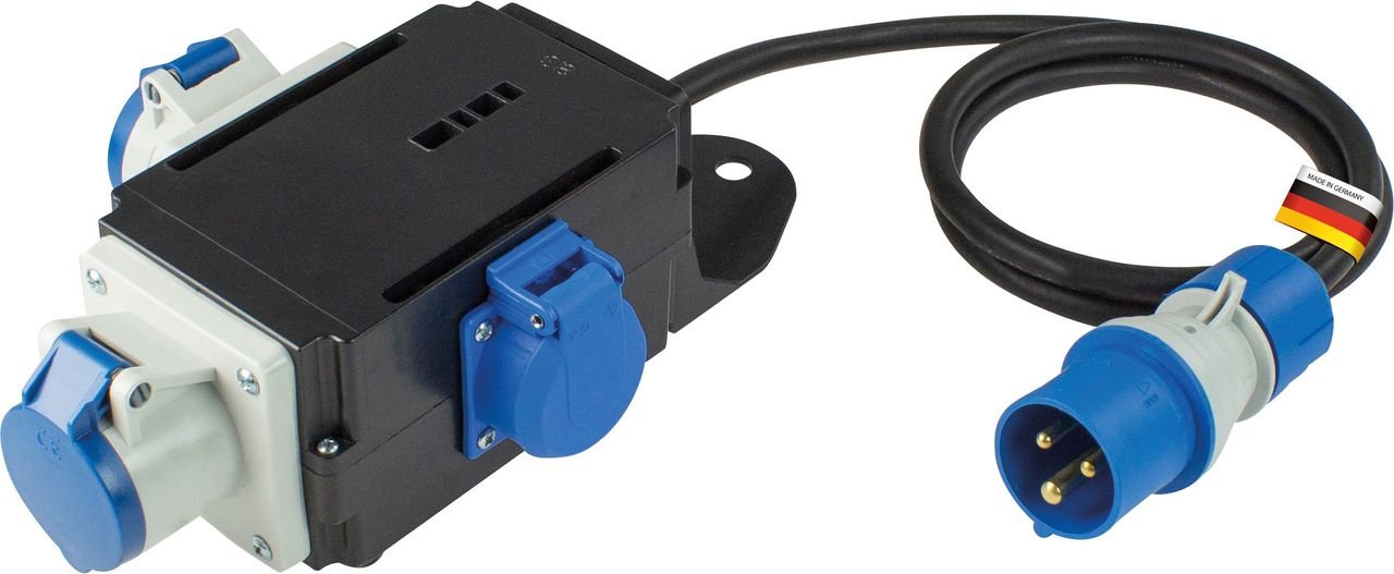 Camping Stromverteiler mit CEE Stecker, 1 x Schuko und 2 x CEE Steckdosen spritzwassergeschützt