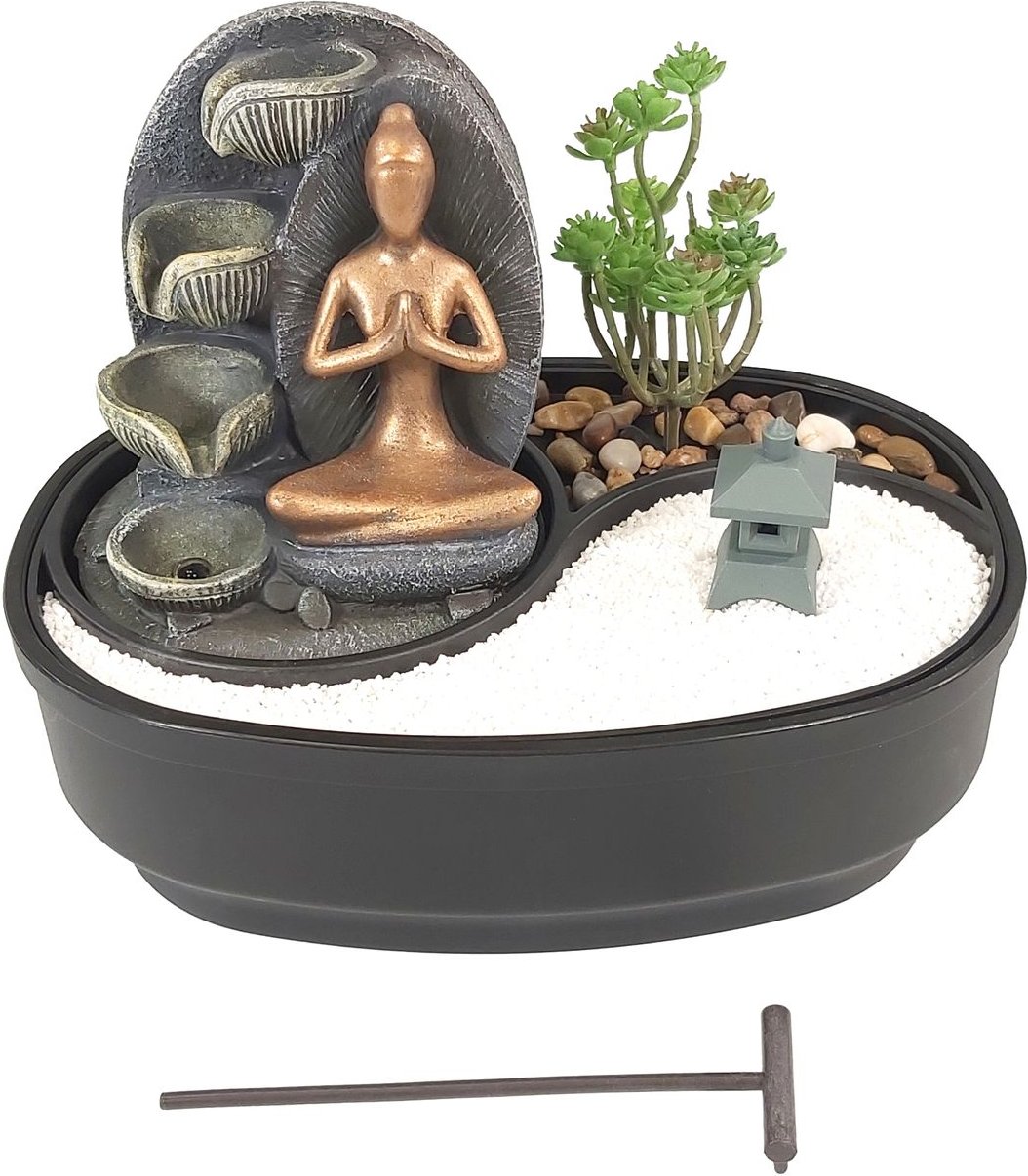 Zimmerbrunnen mit ZEN Garten, Dekobrunnen “Modern Namaste” für die Wohnung