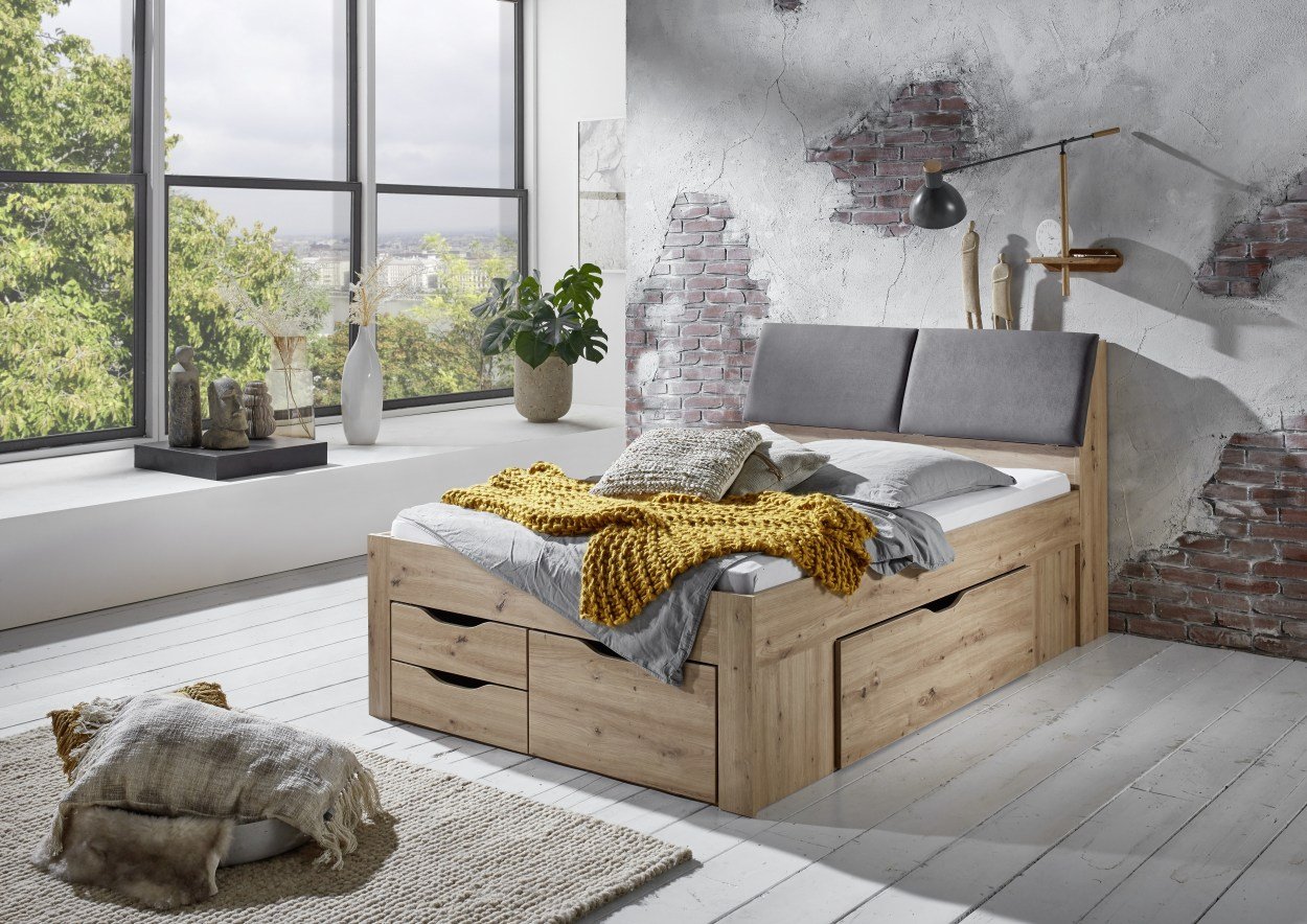 Funktionsbett Maxi 140x200 cm, ohne Lattenrost, 5 Bettschubladen, Stauraum-Kopfteil, Eiche Artisan