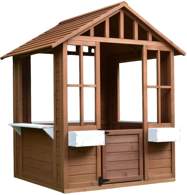 Holzspielhaus mit Fensterbank und zwei Pflanzkübeln