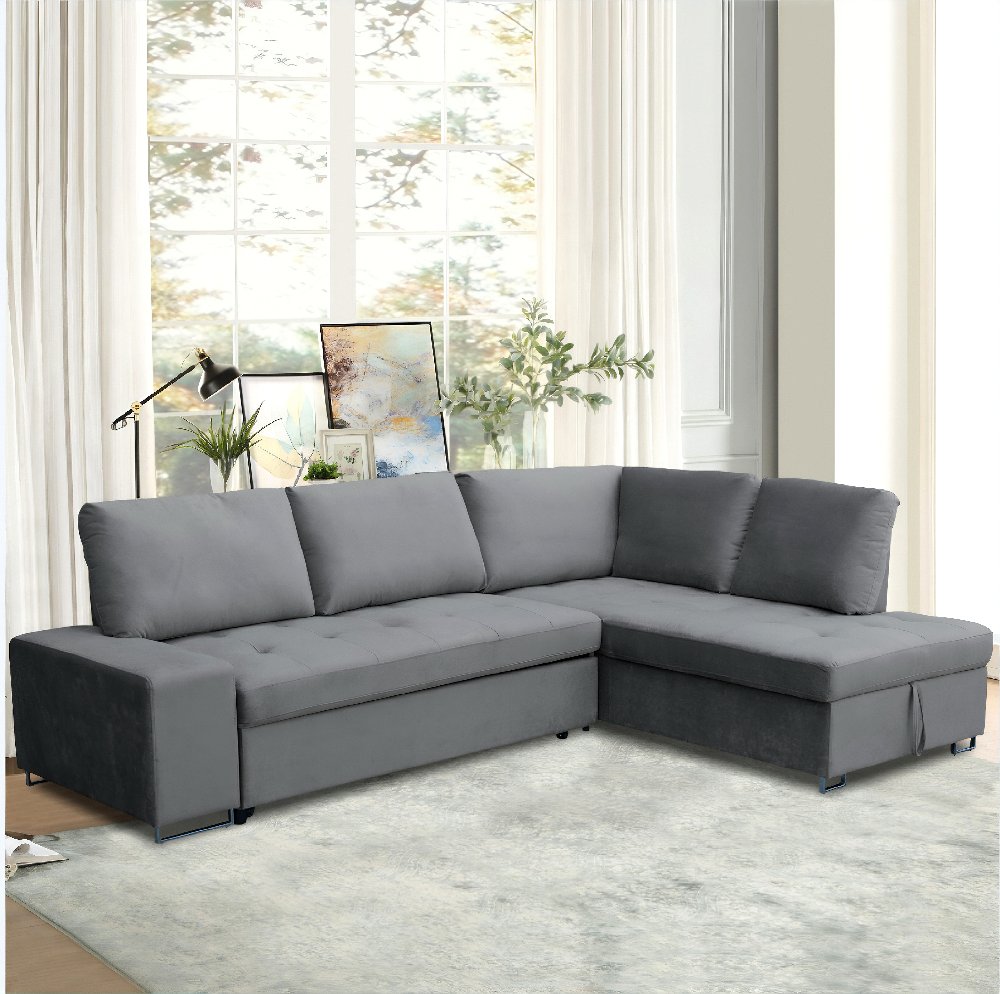 Ecksofa mit Stauraum und Bettfunktion mit Samtbezug, ca. 260 x 187 x 90 cm - Grau