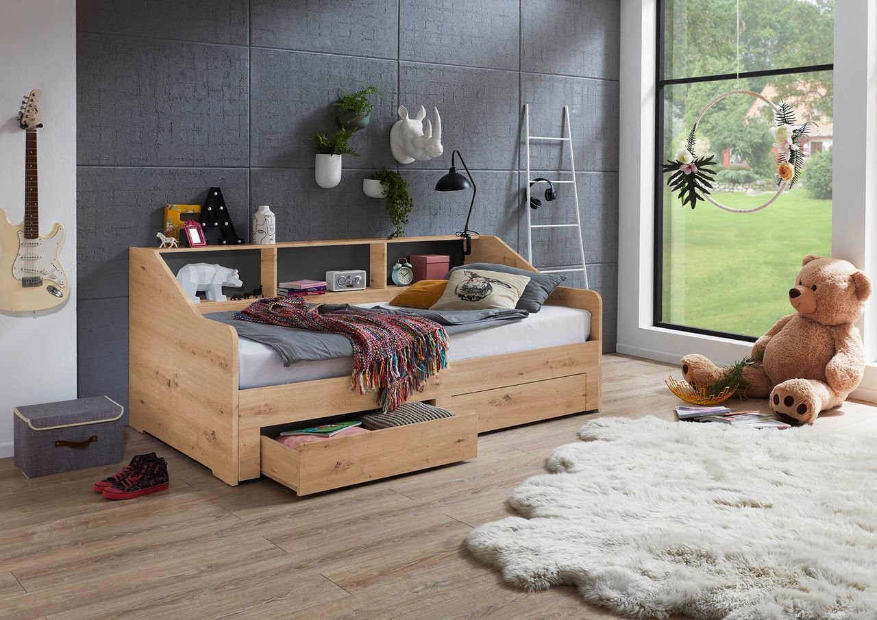 Funktionsbett RENE ausziehbar (90-180x200 cm), mit 2 Schubladen & Regal, Eiche Artisan Dekor