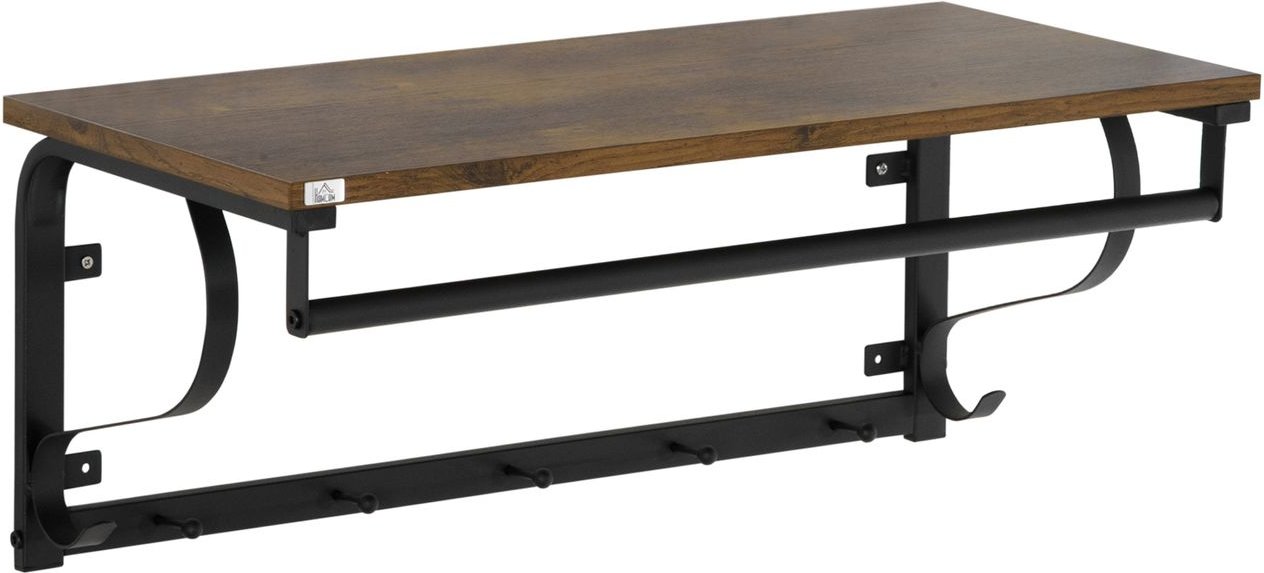 Wandregal Hängeregal mit 5 Haken Garderobenregal für Wohnzimmer Badezimmer Industrial Stil Stahl+Holz Braun+Schwarz 66 x...